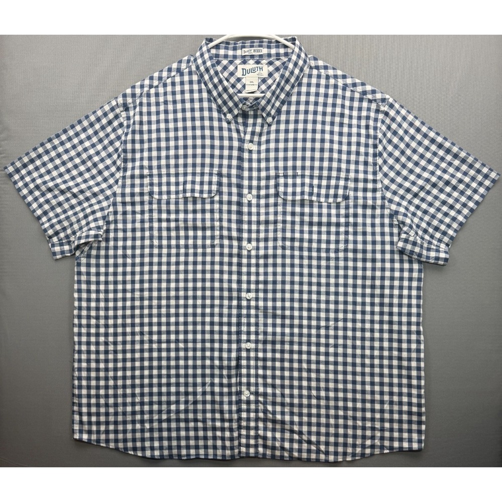Duluth Trading Co Untucked Shirt Navy Blue Gingham Check Stretch 60492 Men's 2XL